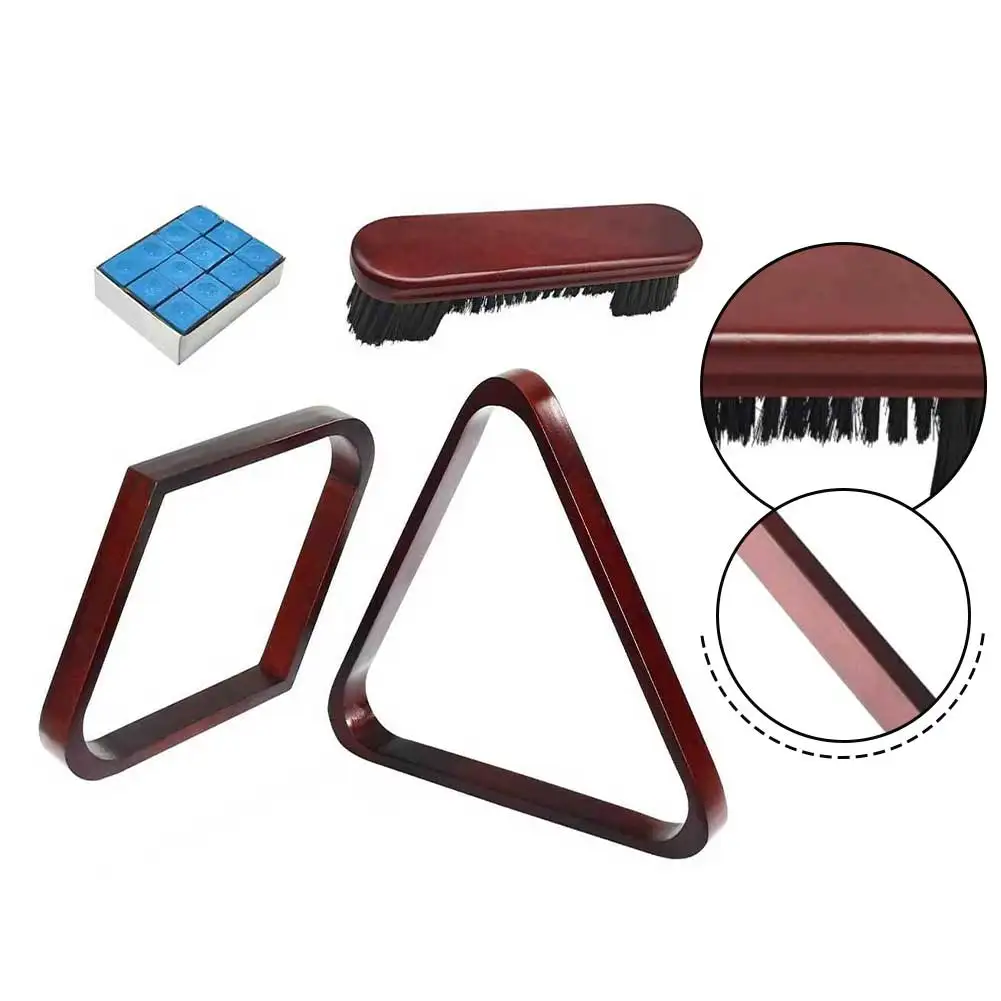 Solid Pinewood Triangle Rack for Pool Table Ball Organization with Diamond Rack 12 Chalk Pieces and 9 Inch Billiard Brush