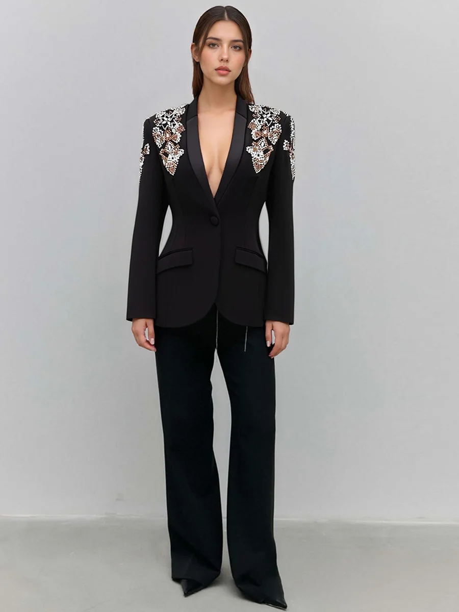 TWOTWINSTYLE 슬림핏 스플라이스 비즈 럭셔리 블레이저 여성용 V넥 긴팔 튜닉 기품 있는 블레이저 여성 의류 신상품