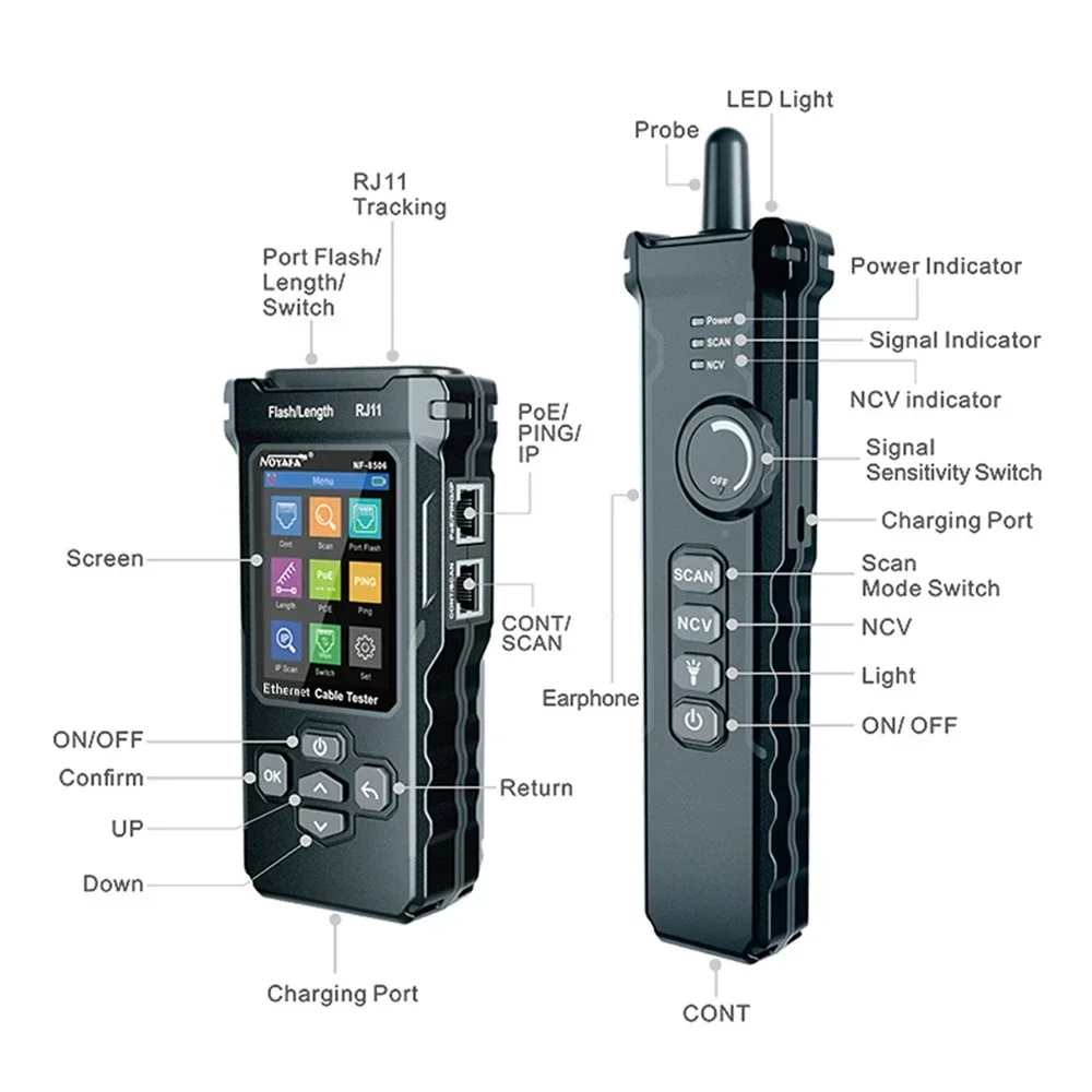 NOYAFA NF-8506 Network Cable Tester Multifunction Cable Tracker Support PING test/IP scan/Poe Measure Length Wiremap Tester