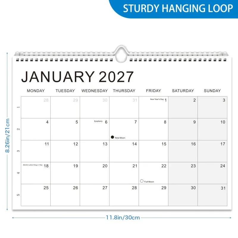 2027-2028 18 Month Wall Calendar A4 8.26x11.8, Metal YO Ring, Clear Corner, Large Writing Blocks, Moon Phase, US CA Holidays