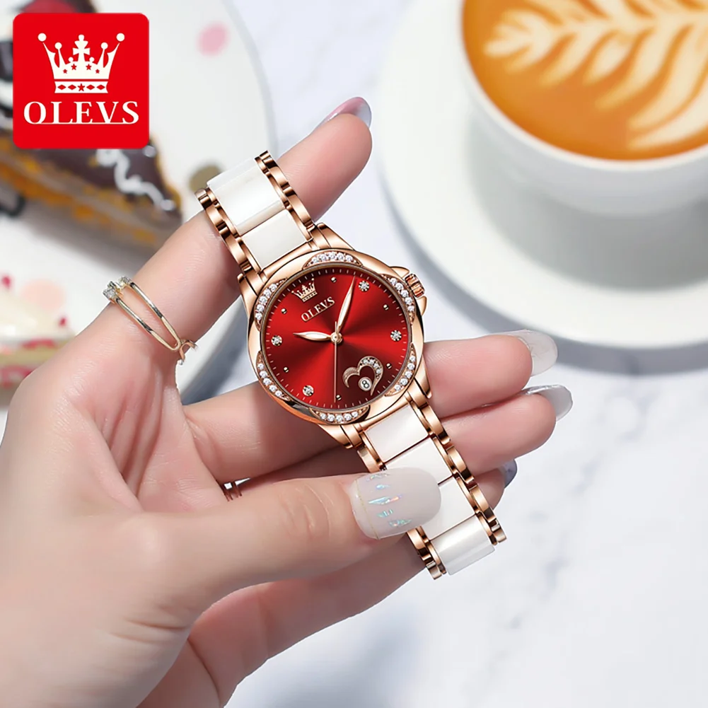 ساعة OLEVS 6631 ميكانيكية أوتوماتيكية للسيدات أنيقة فاخرة من الماس على شكل قلب هيكل عظمي تاريخ تلقائي للسيدات
