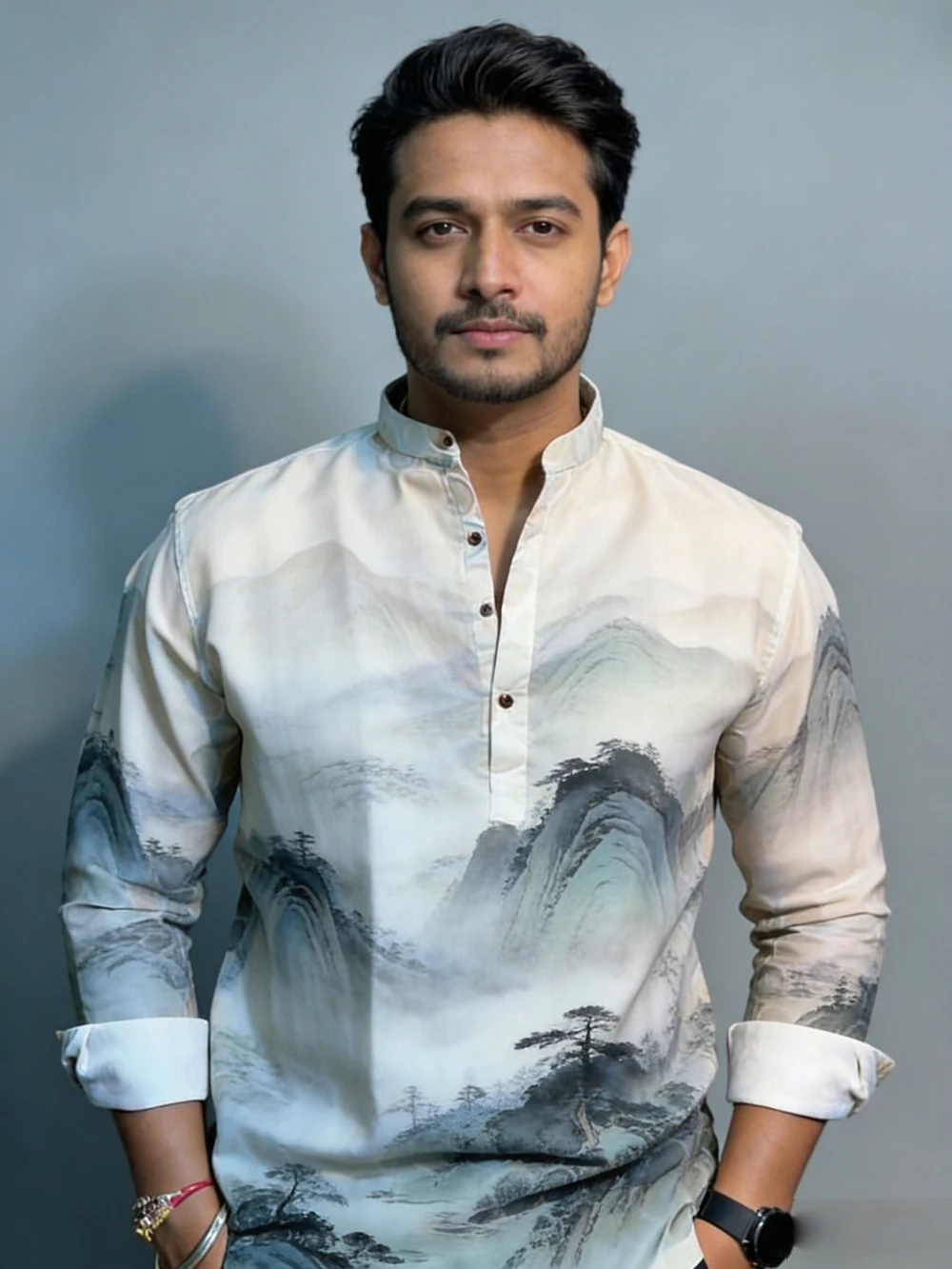 Men's new linen long-sleeved shirt ethnic style splash ink landscape high-definition printed shirt Hawaiian casual mens clothing