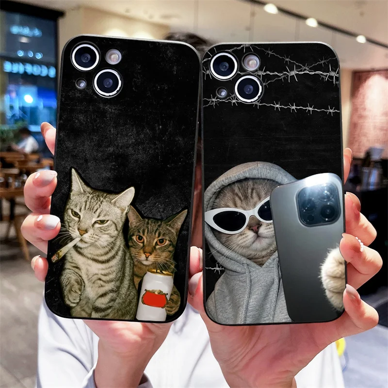 Stylish Cartoon Cat Pattern Black Phone Case for Samsung Galaxy A56 A14 A55 A16 A54 A36 A53 A52 A57 A51 5g Anti-Drop Soft Covers