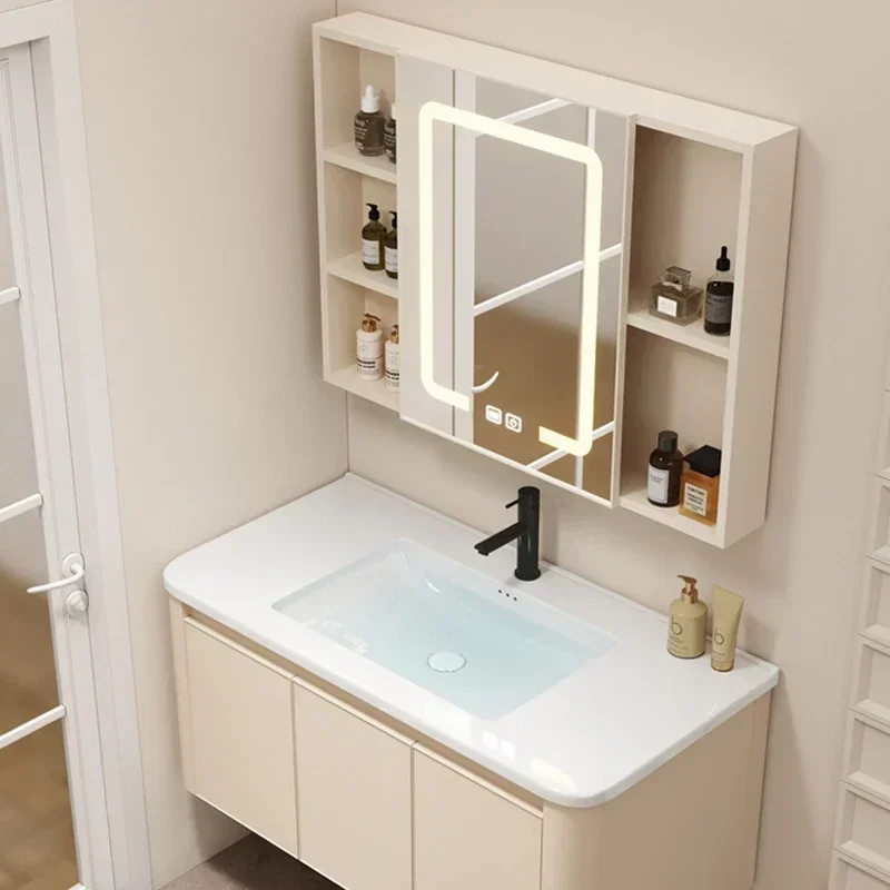 c13-Nordic Cream Style Smart Bathroom Mirror Cabinet Vanity with Sink Bathroom Cabinets Simple Home Furniture Muebles De BañoC