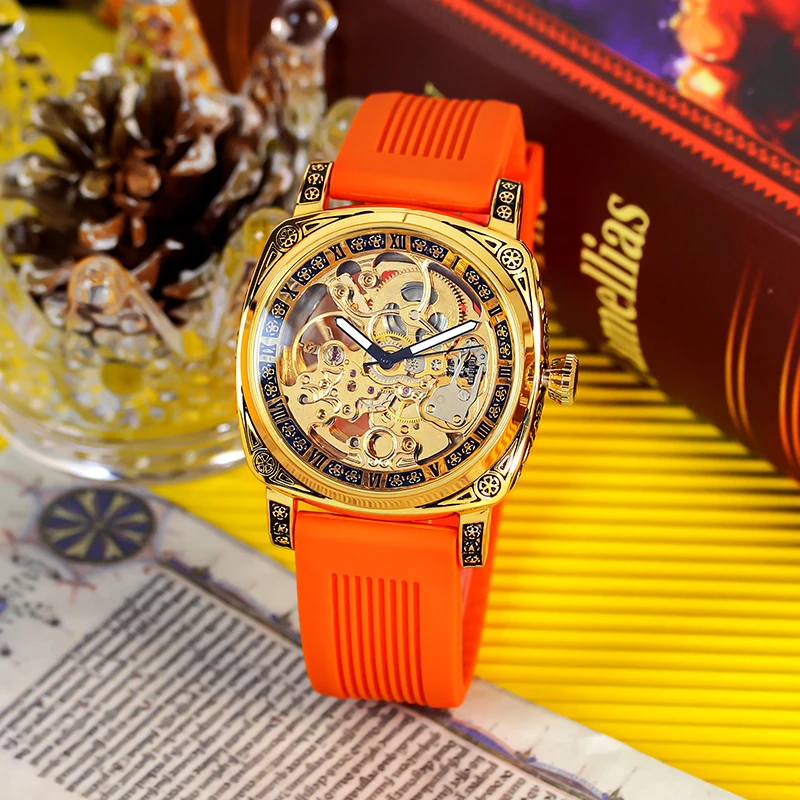 

Мужские оранжево-желтые ленты в стиле ретро, повседневные трехмерные резные светящиеся автоматические механические часы.