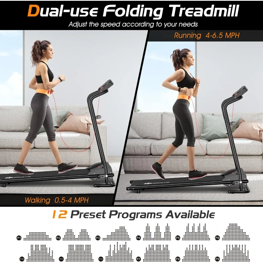 Compact Folding Treadmill for Home, Electric Walking Running Machine, Low Noise, Built-in 2 Workout Modes