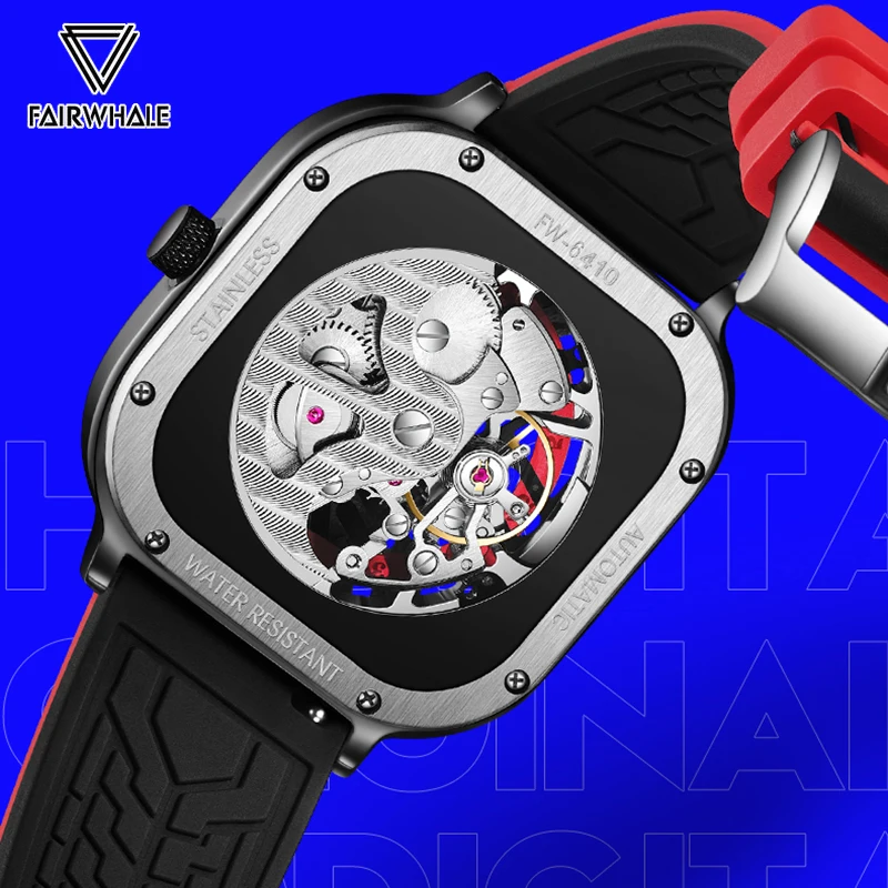 マークフェアホエールメンズスポーツ自動腕時計ファッションスクエアデザインシリコンストラップ高級スケルトン機械式腕時計
