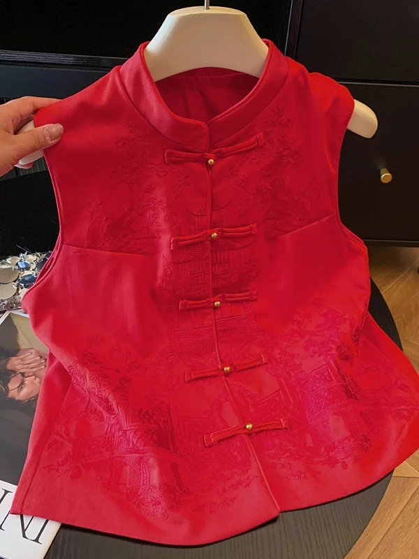 

Новый китайский красный вышитый женский тюнетный жилет, модный дизайн для поездок на работу, удобный крой, обычная длина, одна пуговица