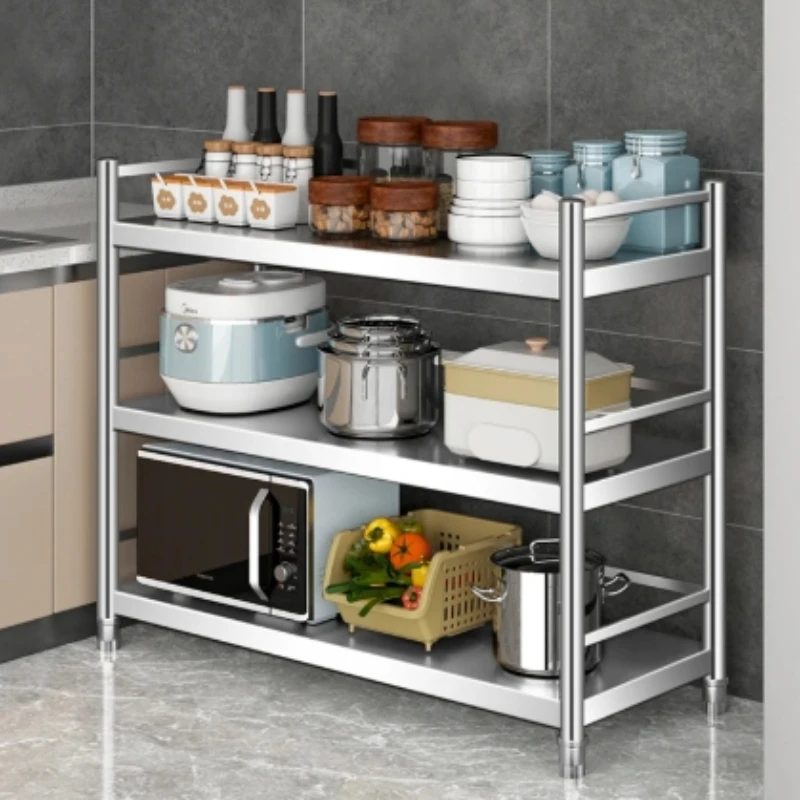 Prateleira de cozinha multicamadas de aço inoxidável, organizador de armazenamento de teto, forno de micro-ondas, suporte de panela de varanda para uso doméstico