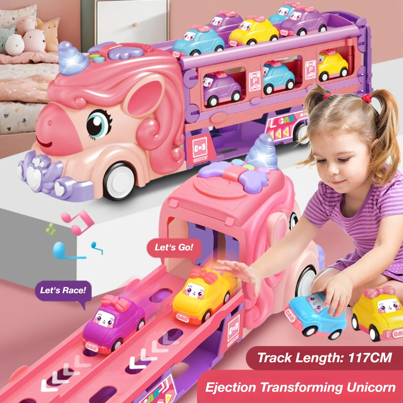 ピンクのユニコーン輸送トラックのおもちゃ、折りたたみ式レーストラック、ライトと音楽付き、6台のミニカー収納キャリア、女の子や幼児へのギフト