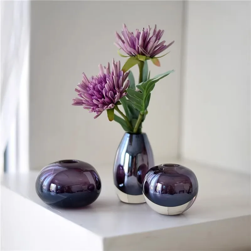 European Purple Glass Vase Mini Flower Vases Hydroponic Systems Home Decoration Accessories