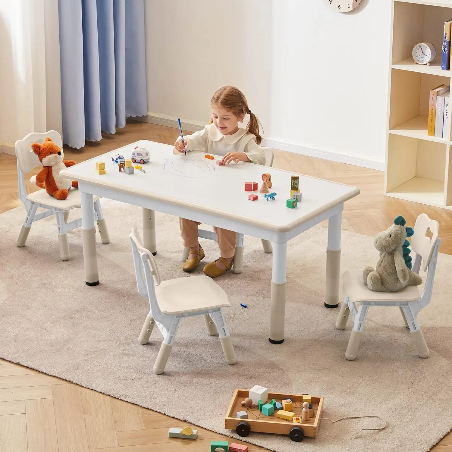 

Toddler Table and Chair Set for 4, 47.2''L x 23.6''W, Height Adjustable, Graffiti Table Top