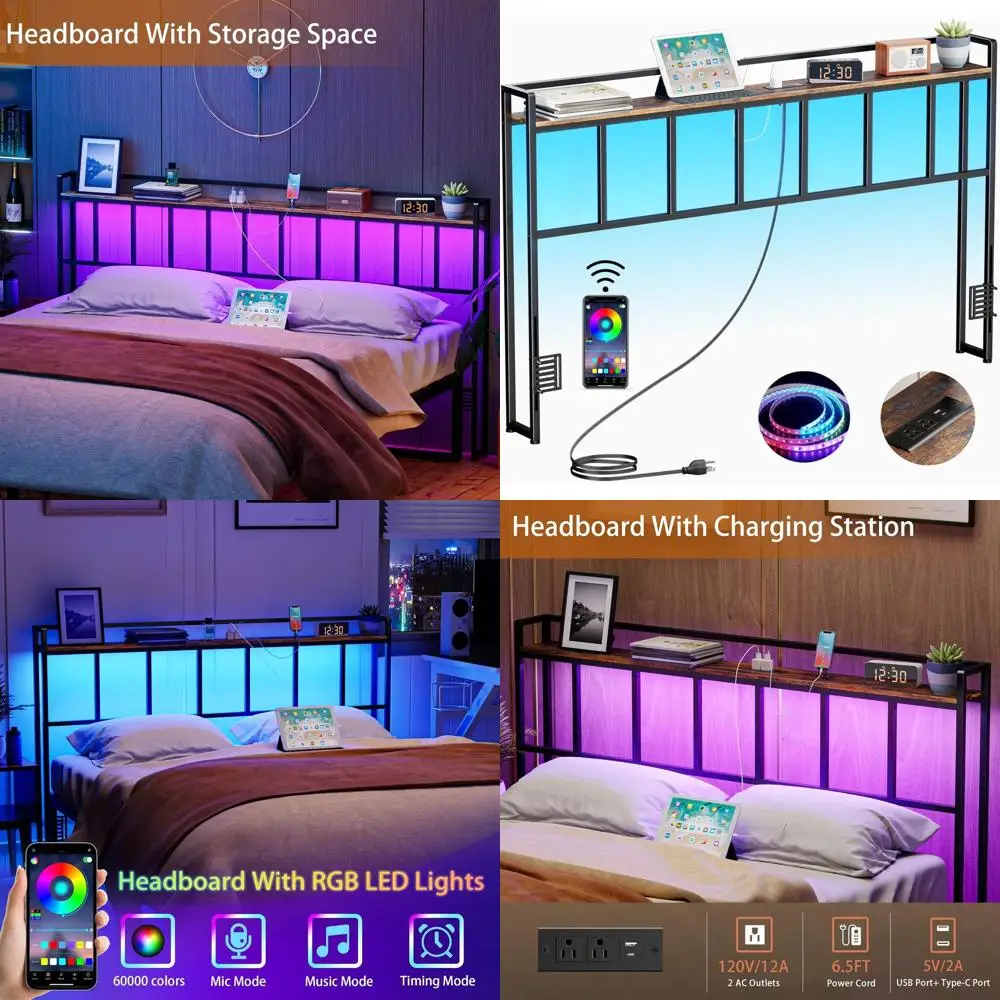 

Изголовье королевского размера со светодиодной подсветкой, USB-портами, хранилищем, коричневый в деревенском стиле, регулируемая высота