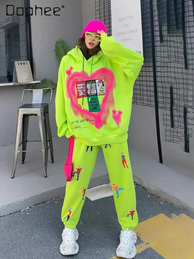 Winter Fluorescent Green Fleece Sweatshirt Sets Women's Loose Casual Cartoon Printing Fashion Graffiti Sweatpants Two-piece Sets