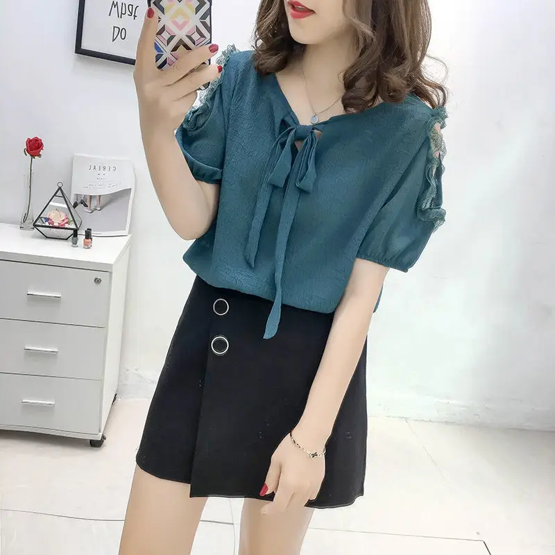 Korte Mouw Bow Off Shoulder Splicing Kanten Blouse Lace Up Plus Size Losse Vrouwelijke Kleding Zoete Pendelen Overhemd Zomer Tops