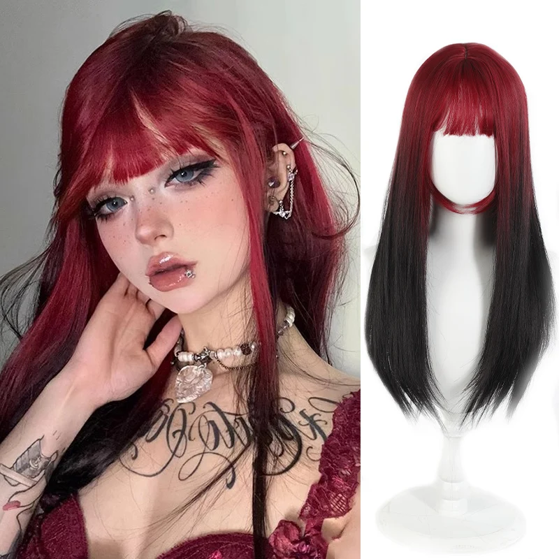 Red and black gradient long straight hair women's synthetic wig fashionable hot girl Y2k suitable for Christmas cosplay party