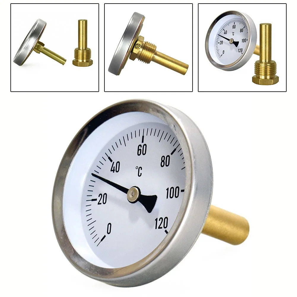 

63mm Water Temperature Gauge Bimetallic Thermometer With Copper Sheath 1/2\" Axial Screw-In Buffer Boiler Heating 120°C Parts