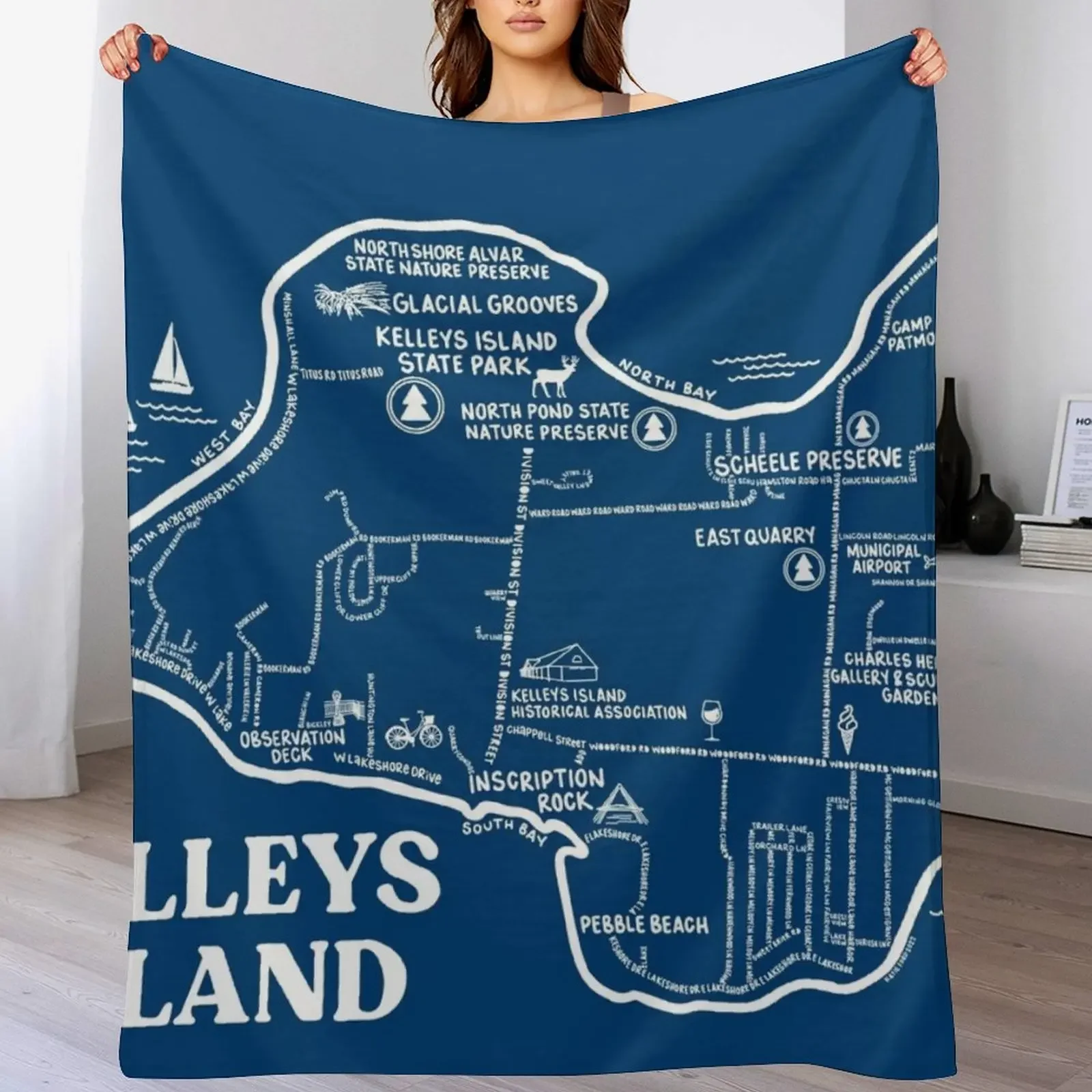 Kelleys Island Map Throw Blanket Shaggy Furry Soft Blanket for Bedroom Living Room