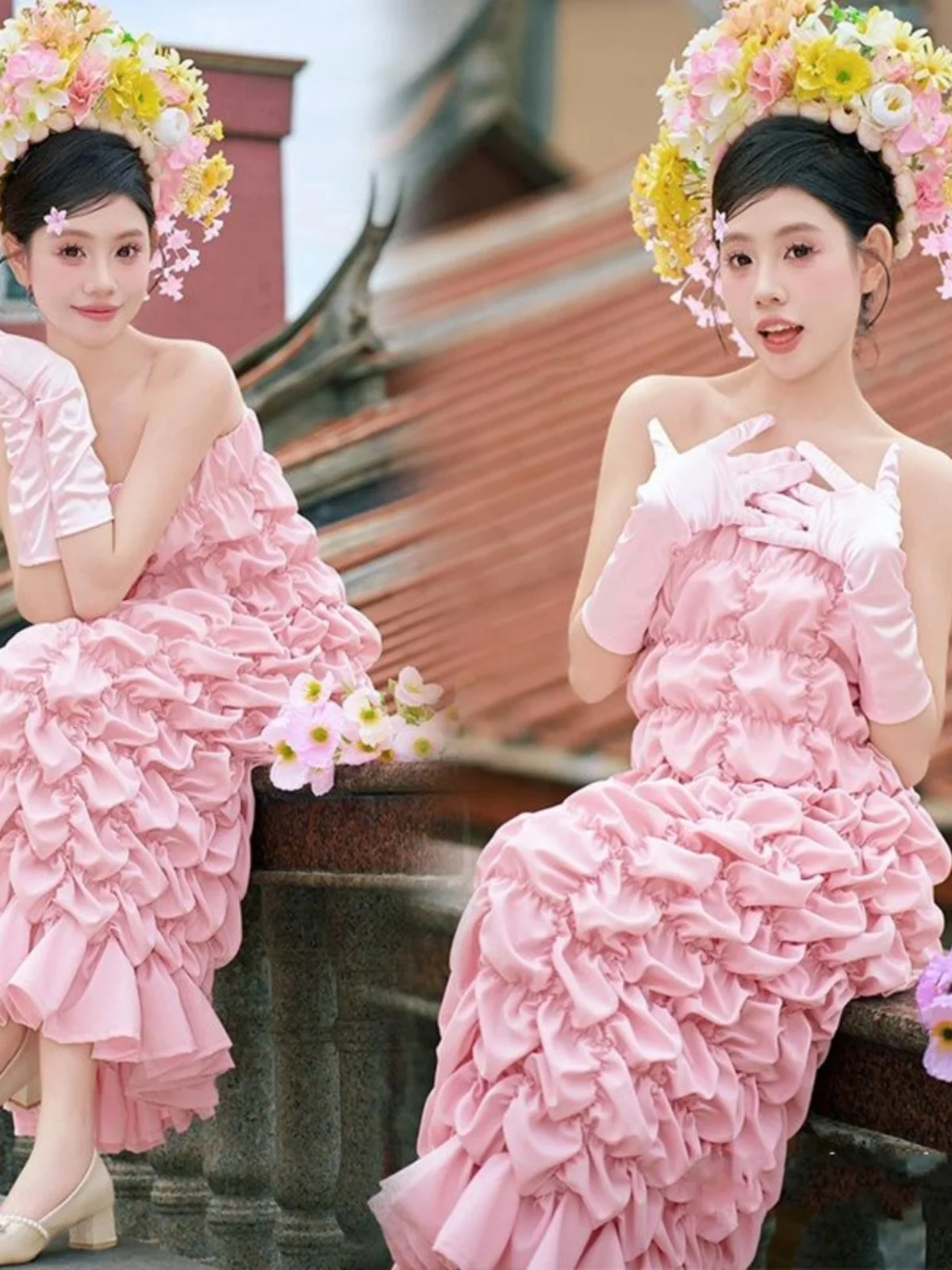 

Pink Pleated Skirt Art Photo Shoot Teenage Girl Photography Costume New Arrival Summer Outdoors Floral Hairpin Ensemble