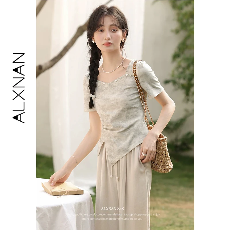 

ALXNAN Smudged New Chinese Style T-shirt Women Square Neck Irregular Slit Design Short Sleeve T-shirt Summer Female Tops VL53589