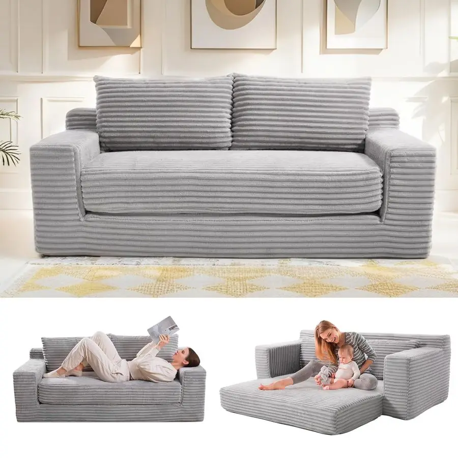 Loveseat Sofa Bed Boneless Couch, Convertible 2in1 Design, Corduroy Fabric Compact Memory Foam Couch for Small Spaces, Apartmen