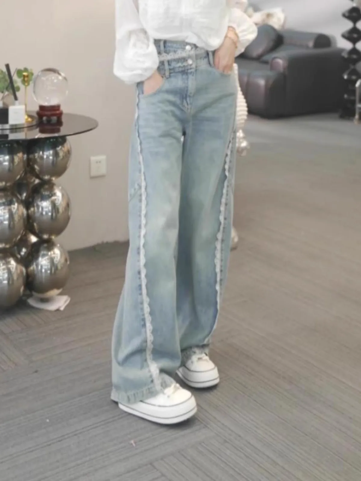 

Женские джинсы с высокой талией, свободного кроя, с кружевной отделкой и вставками, прямые длинные брюки, модные утягивающие брюки для невысоких женщин