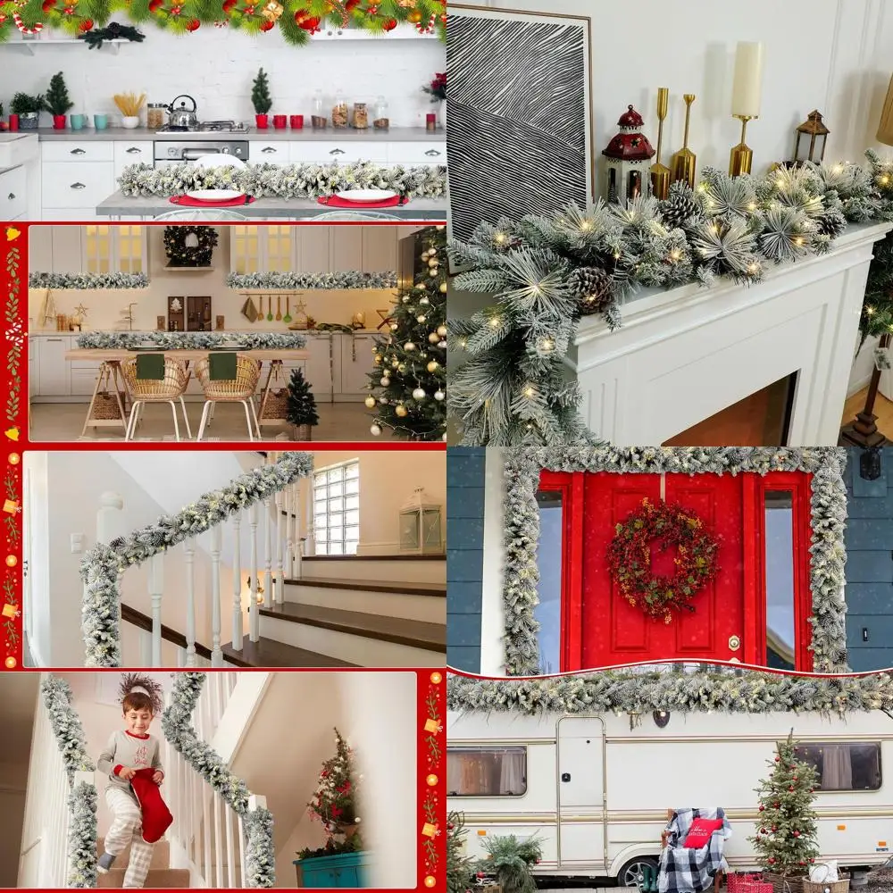 

Флокированная рождественская гирлянда на батарейках с подсветкой и снежной елью для лестниц, каминов, камин и декора дверей