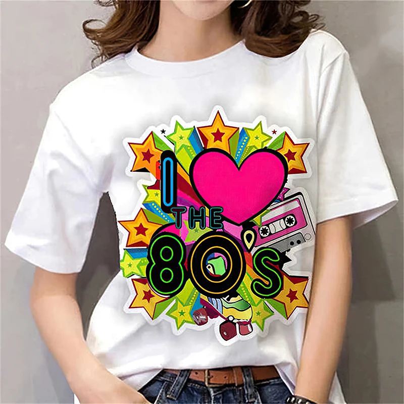Women Fashion 80S - เสื้อยืดผู้หญิงสไตล์ยุค 80 สีดำ/ขาว เสื้อแขนสั้น แฟชั่นลำลอง 2026