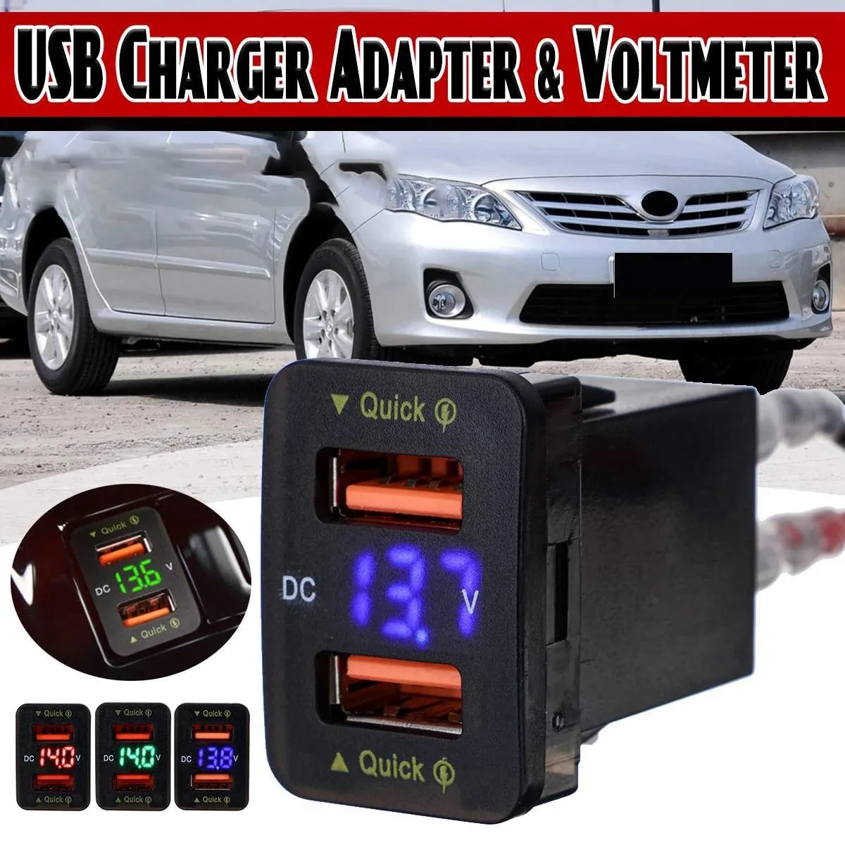 36W Car Fast Charger QC3.0 Adapter Dual USB Adapter Digital Display Voltmeter for Toyota Hiace Prado 22X44mm Green