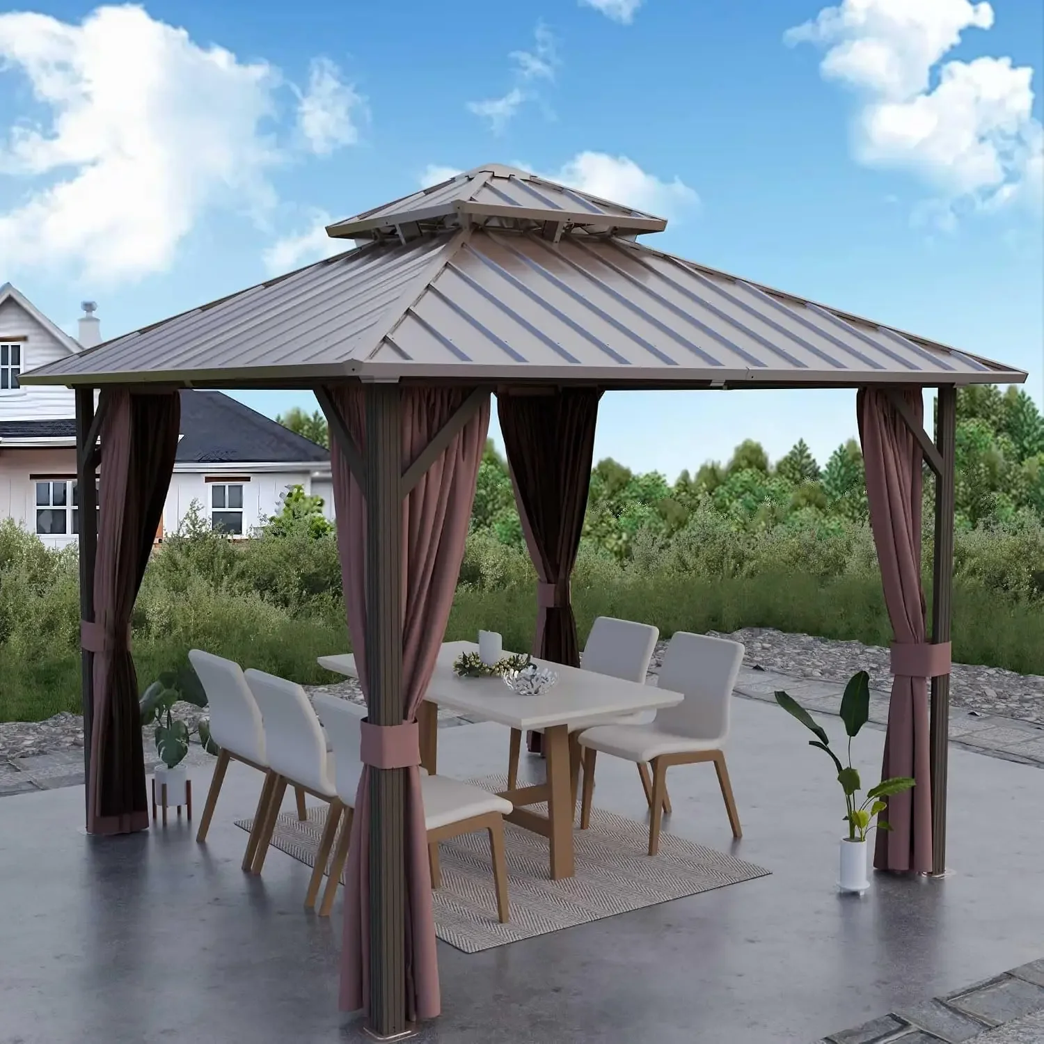 Hardtop Gazebo 10' x 10', Outdoor Aluminum Frame Pergolas | Galvanized Steel Double Roof Pavilion with Netting and Shaded