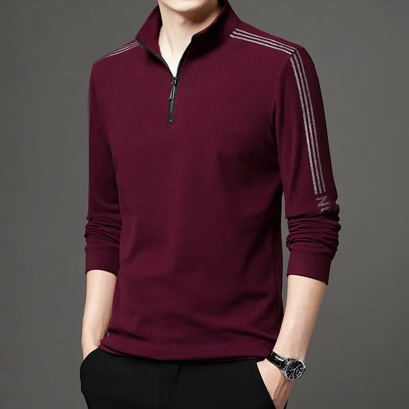 Spring Autumn Men Slim Stripe Long Sleeve Sports T-shirt Korean Clothes Tees Streetwear Fashion Male Zipper Bottoming Casual Top