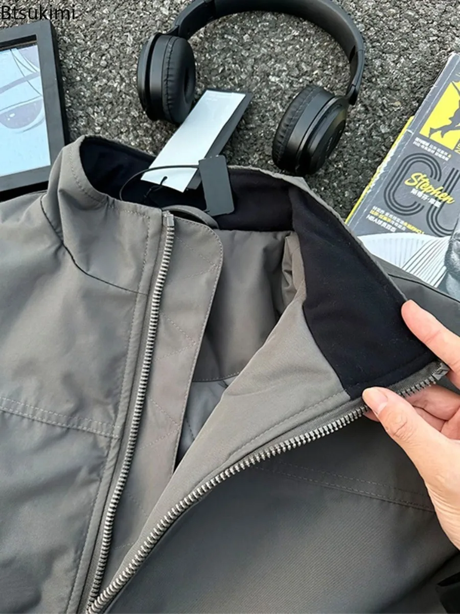 Vintage الوقوف طوق الطيار الستر الرجال العصرية بلون سستة معاطف غير رسمية ربيع الخريف جديد الرجال قصيرة نمط البيسبول معاطف