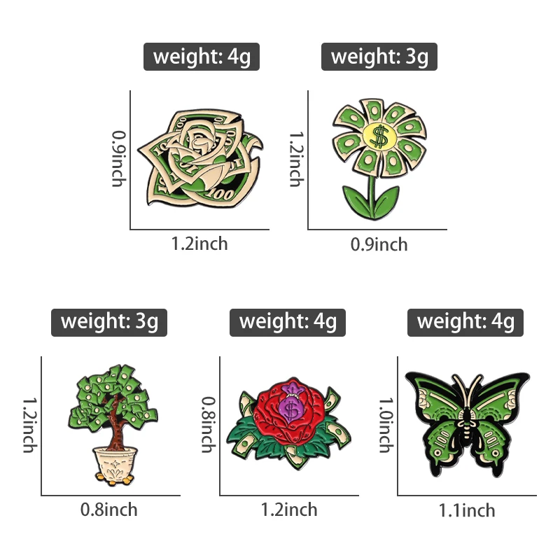 Creative US Dollar Money Flower Enamel Pins Funny Flowers Banknote Tree Brooches Clothes Lapel Badge Jewelry Gift for Friends