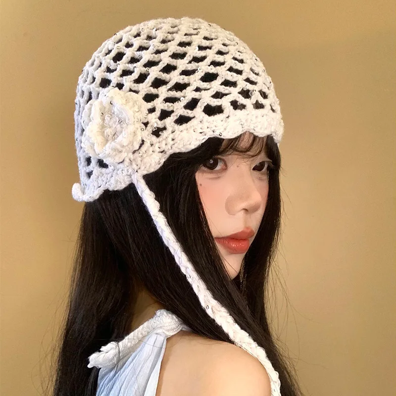 

Korean Fashion Sequins Handmade Knitted Beanies Cap Y2K Summer Autumn Travel Personality Versatile Sweet Pullover Hats Women