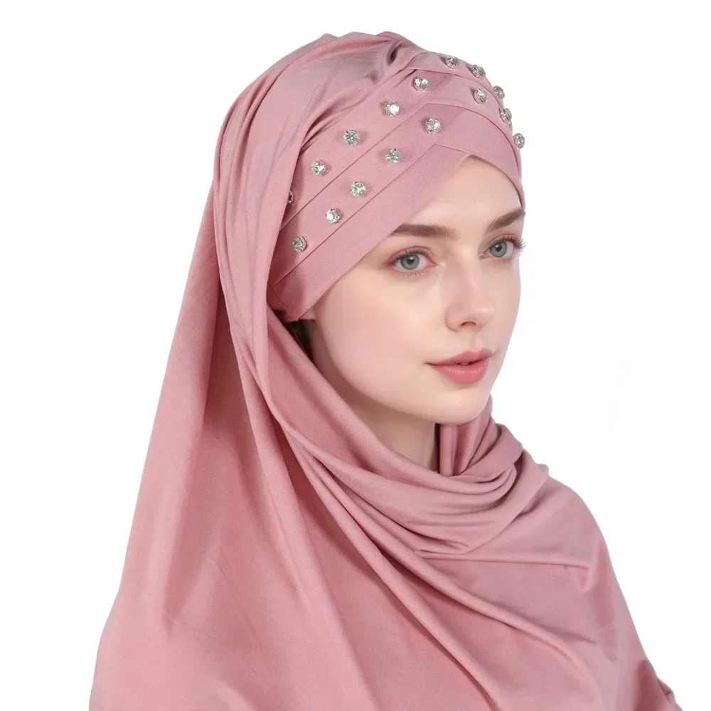 Women Shiny Diamonds Instant Hijab Muslim Crossed Forehead Turban  Premium Cotton Crystal Hemp Plain Hijabs Cover Neck