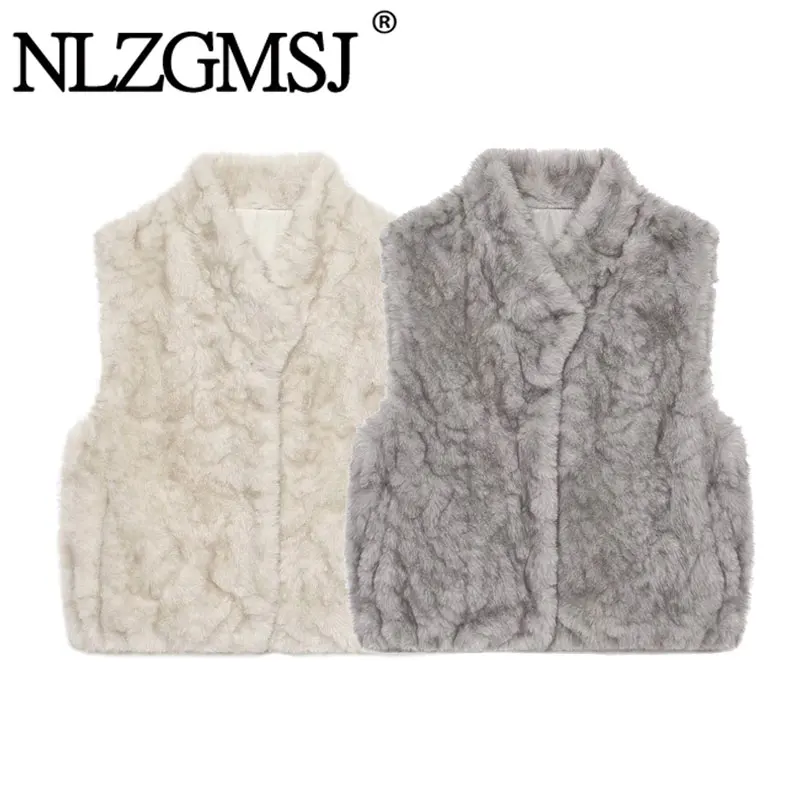 Nlzgmsj 2026 Autumn Winter Women Faux Mink Fur V Neck Sleeveless Gilet Soft Warm Plush Waistcoat Lady Fashion Outerwear