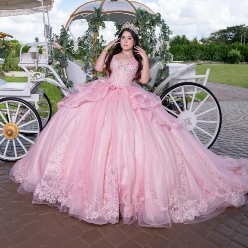 

Pink Shiny Ball Gown Quinceanera Dresses Applique Lace Beading Crystal Bow Tiered Tull Corset Off The Shoulder Sweet 16 Dress