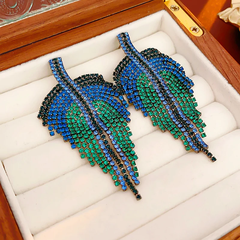 Rhinestone Bluey Leaf Tassel Dangle Earrings Occidental Style Personality Fashion Dainty Silver Needle Earring Wholesale Jewelry