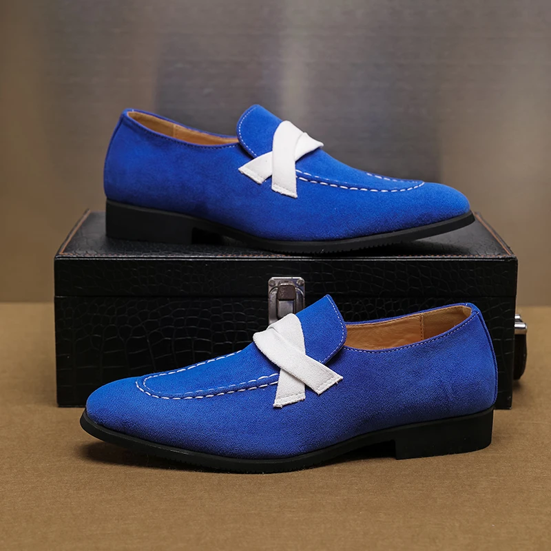 New Blue Loafers for Men Flock Round Toe Business Slip-On Dress Shoes Handmade Size 38-48  Mens Shoes