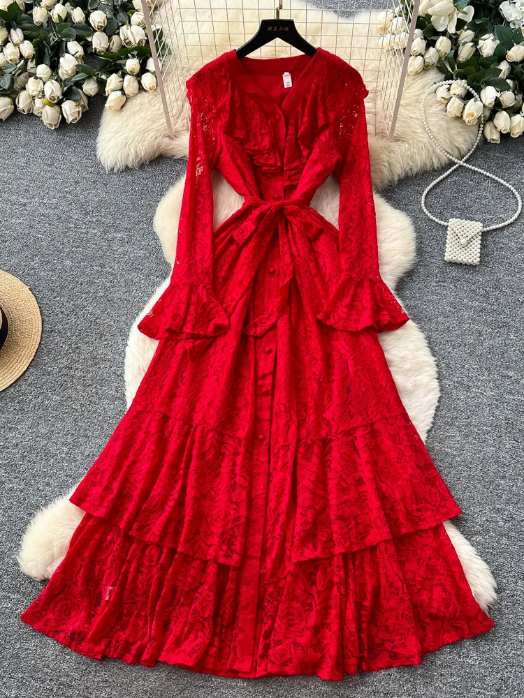 French Elegant Lace Tie Up Slim Fit Dress Women V Neck Waist Cinch Long Sleeve Ruffled Hem Sophisticated Style Party Long Dress