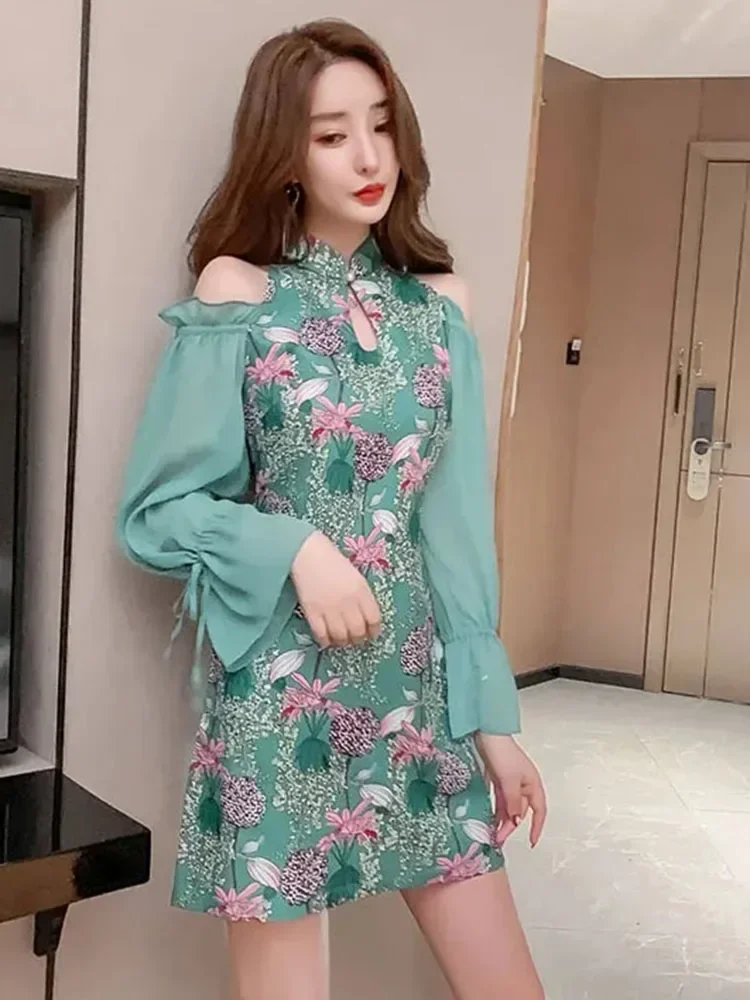 Nuevo vestido chino con estampado Cheongsam mejorado para primavera y verano para mujer, minivestido ajustado de gasa con hombros descubiertos y manga acampanada ML621