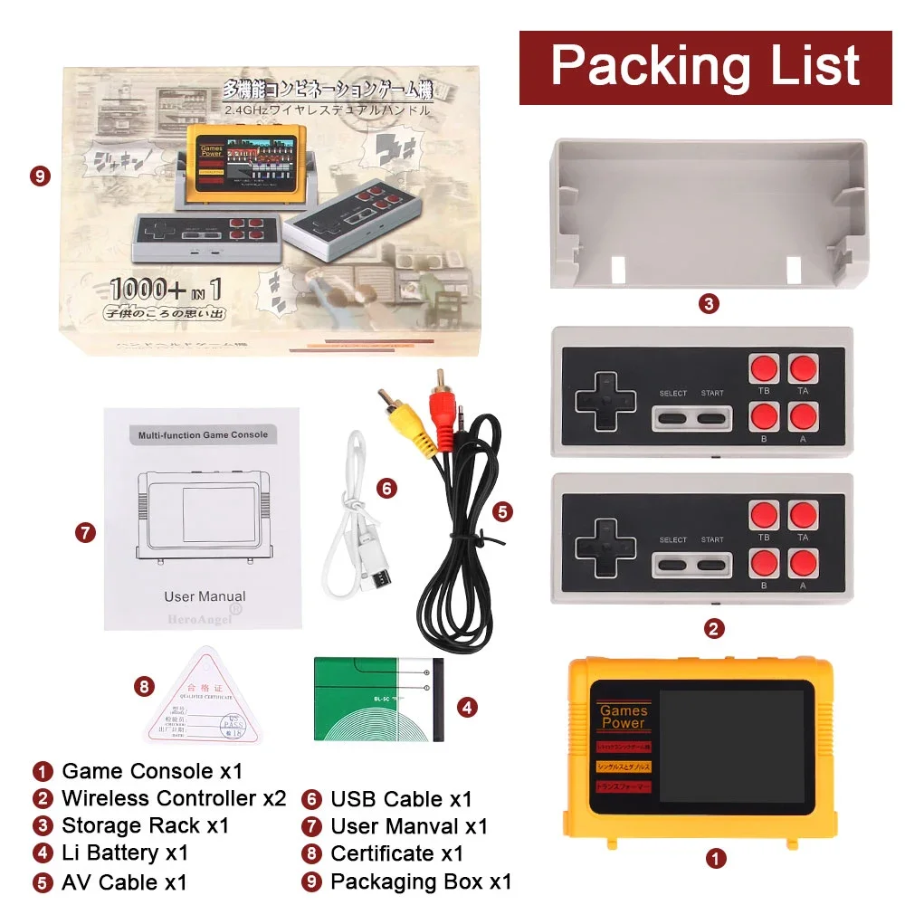 مشغل ألعاب فيديو محمول K20 وحدة تحكم ألعاب ريترو صغيرة مع 1000 لعبة مزدوجة 2.4G مشغل لاسلكي 3.0 بوصة شاشة TFT AV OUT