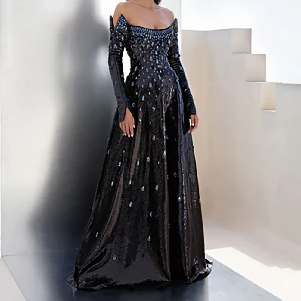 

Exquisite Off Shoulder Beads Full Sleeve Pleat A-Line Formal Evening Dresses Birthday Party Prom Gowns Customized