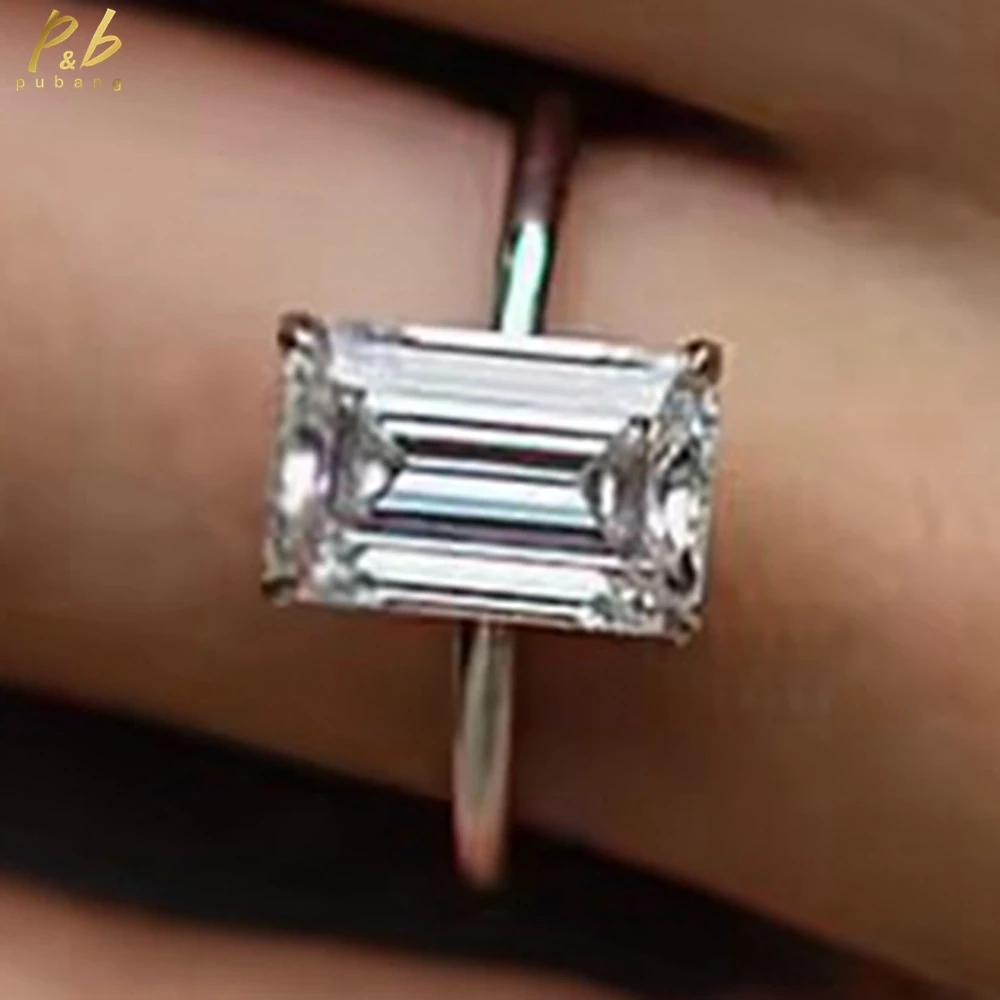 

PuBang Sparkling 3EX VVS1 D Color 4 Carat Moissanite Diamond Ring Emerald Cut Elongated 18k White Gold Solitaire Rings Jewelry