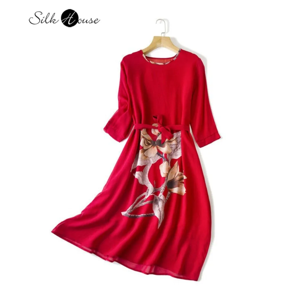 2026 Women's Fashion Spring New 100% Natural Mulberry Silk Georgette Double Layer Red Round Neck Three-quarter Sleeve Dress