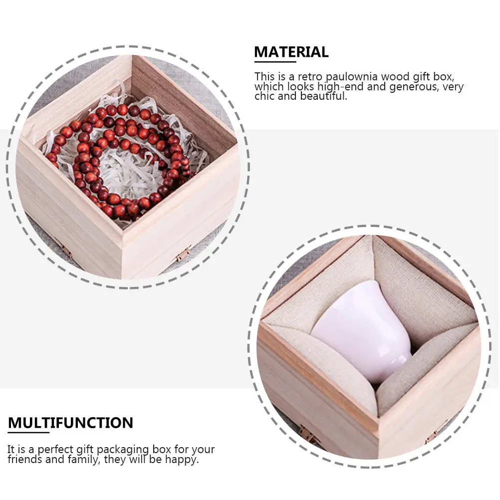 

1Pcs Paulownia Wooden Gift Box Square Small Retro Elegant Packing Box Tea Cup Storage Jewelry Case Cotton Lined Exquisite