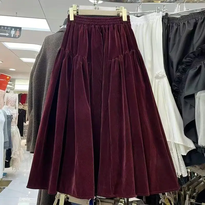 French Retro Skirt Women Fluffy Velvet A-line Midi Skirt Autumn Winter High Waist High-end Splice Skirt Versatile