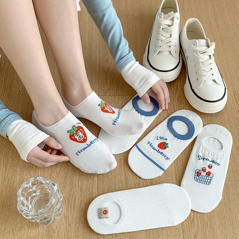 

5 Pairs Women's Socks Set Japanese Cartoon Embroidery Mesh Sweat Absorbing Breathable Cotton SocksCute Sweet Kawaii Ankle Socks