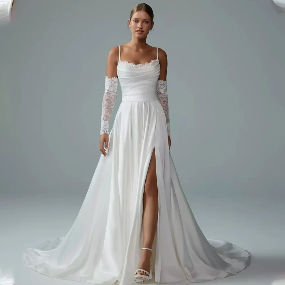 

New Two straps Sweetheat Lace Pleat Satin A Line Wedding Dresses Side Slit Detachable Long Sleeves Custom Made 2026 Rode De Morr