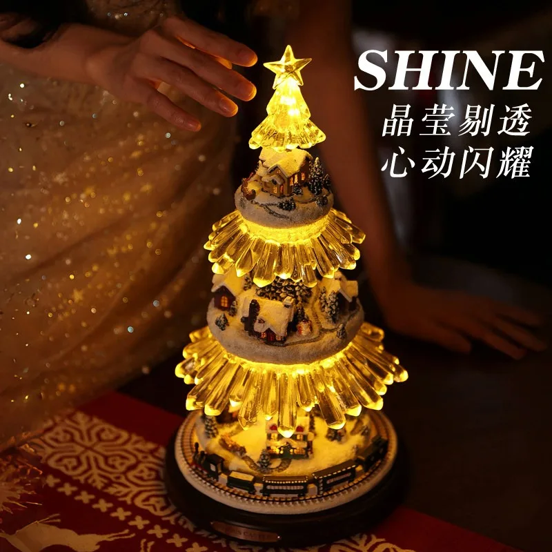 4‑Tier Rotating Train Christmas Tree Wooden Music Box, Wind‑up Musical Ornament for Xmas Holiday Decor & Gift